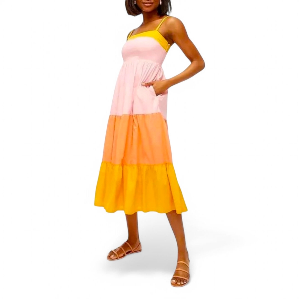 J. Crew Factory Tiered Color Block Dress‎ Adjustable Strap Smocked Midi Sz 6